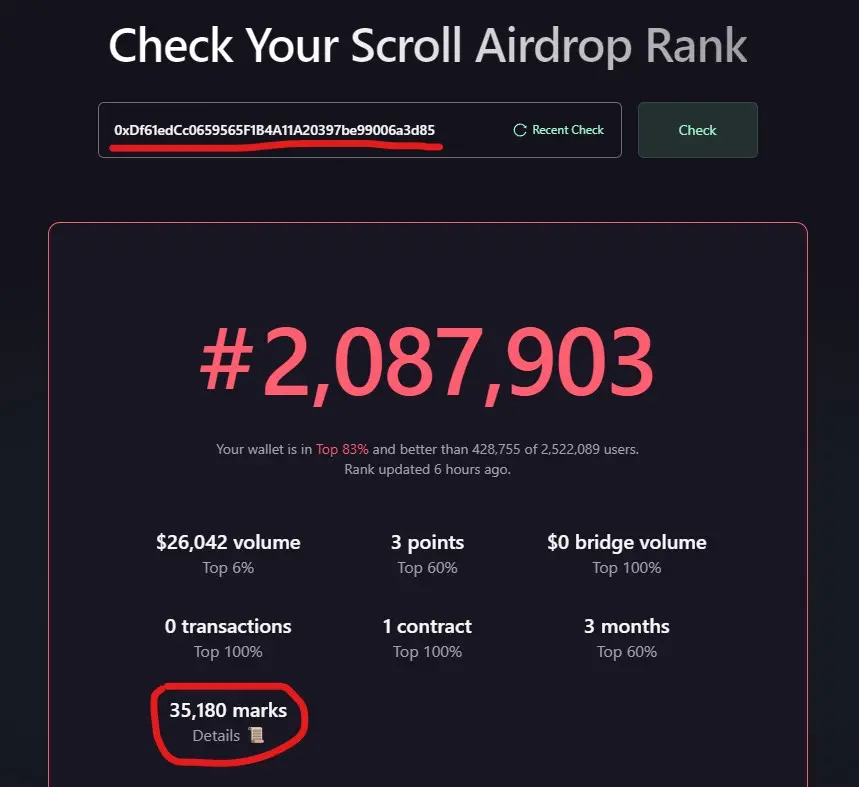 On the eve of the airdrop, how many points do Scroll team addresses have?