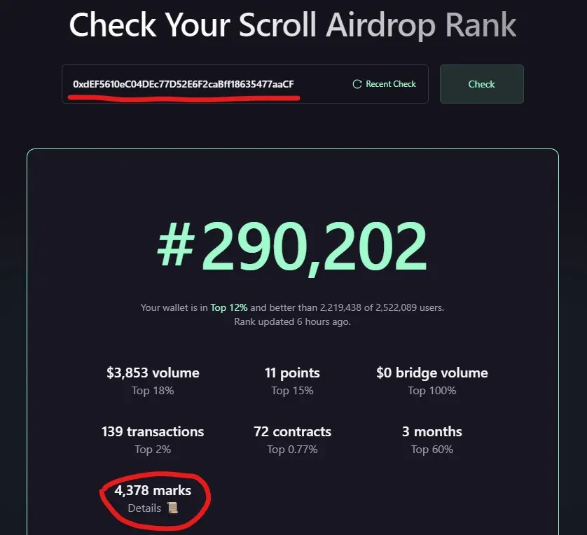 On the eve of the airdrop, how many points do Scroll team addresses have?