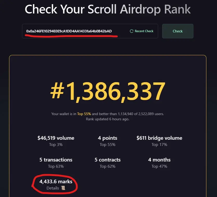 On the eve of the airdrop, how many points do Scroll team addresses have?